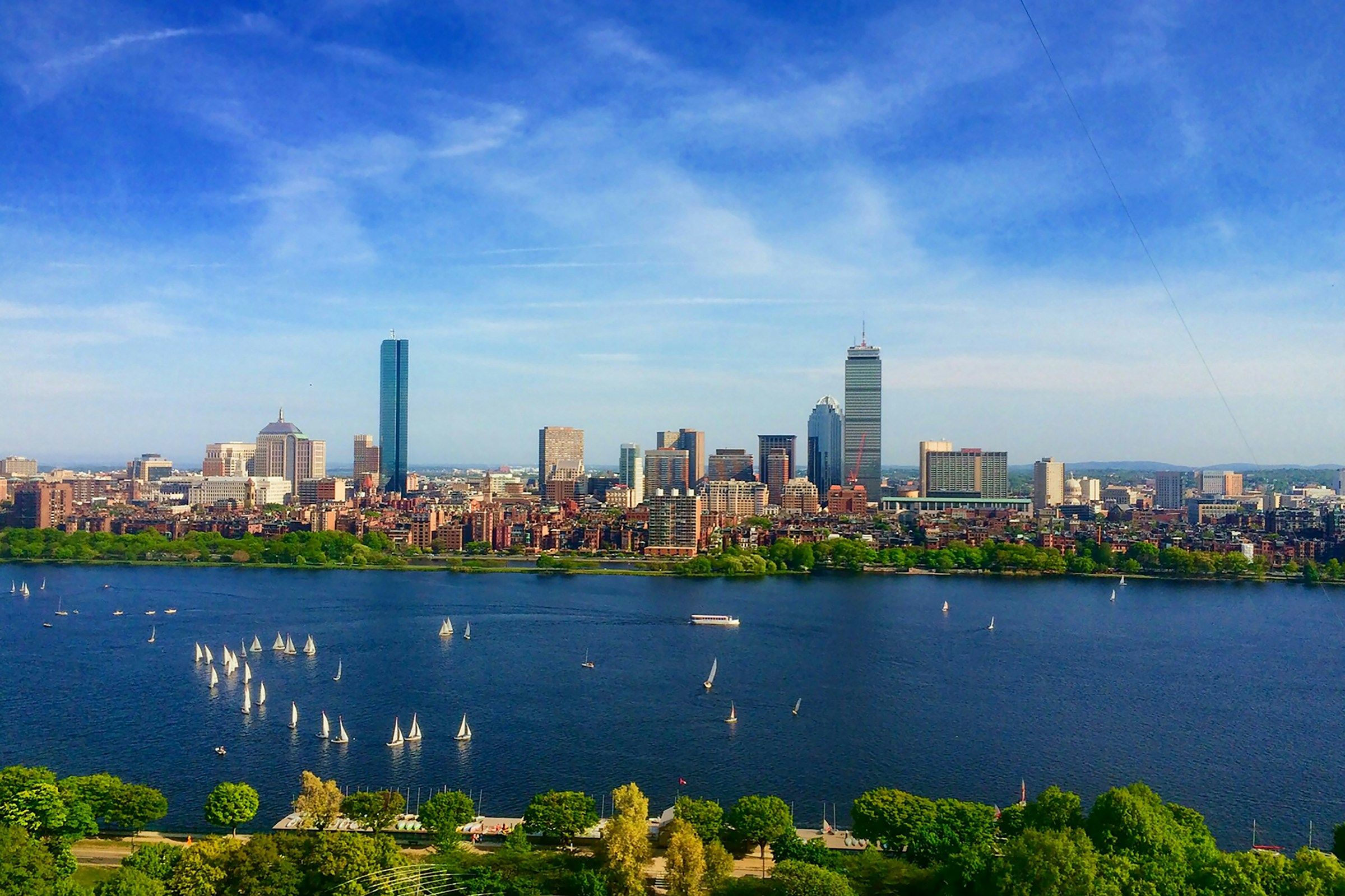The Back Bay skyline across the Charles River on a sunny day
